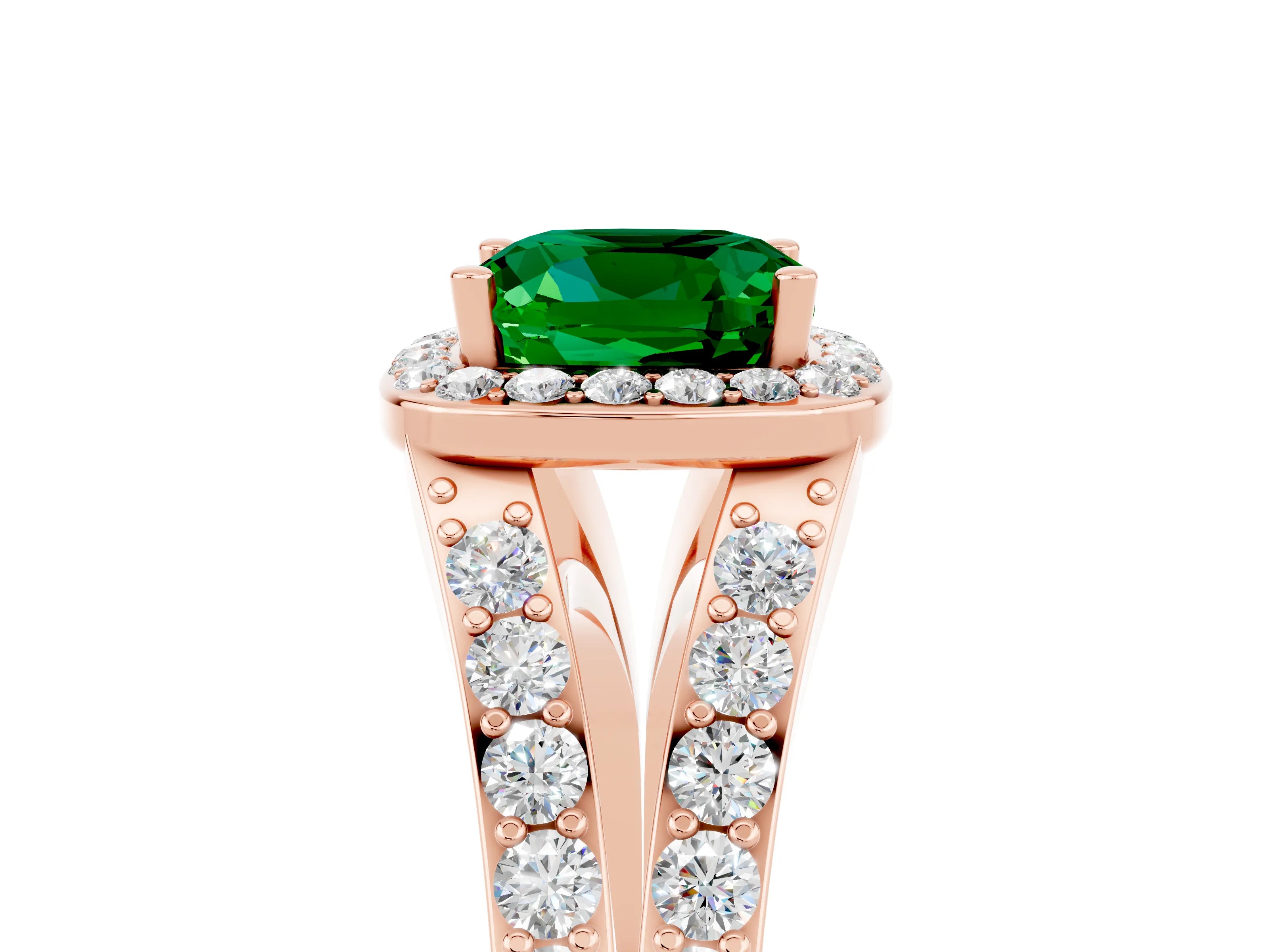 Rose gold Cushion Cut Emerald Split Shank Halo Ring with Four-Prong Setting_17