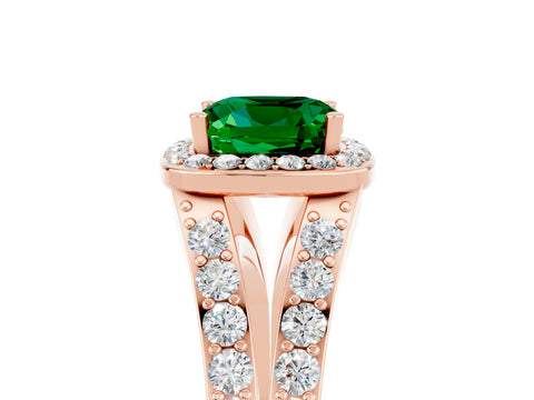 Rose gold Cushion Cut Emerald Split Shank Halo Ring with Four-Prong Setting_17