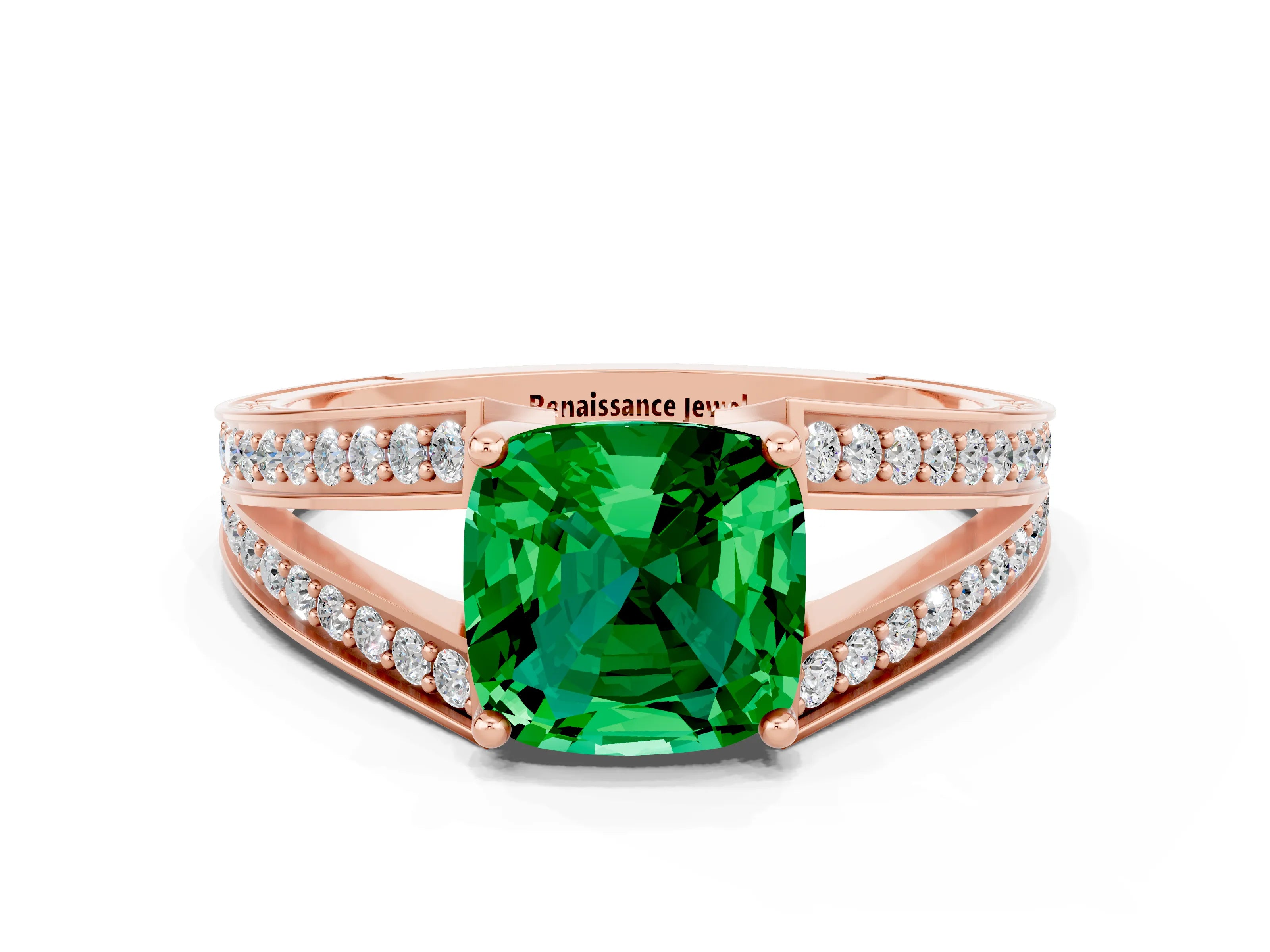 Rose gold Cushion Cut Emerald Split Shank Ring with Pavé Band and Four-Prong Setting