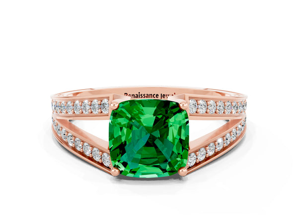 Rose gold Cushion Cut Emerald Split Shank Ring with Pavé Band and Four-Prong Setting