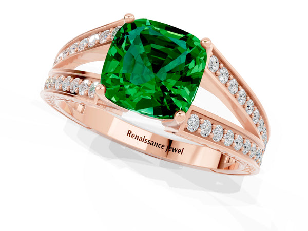 Rose gold Cushion Cut Emerald Split Shank Ring with Pavé Band and Four-Prong Setting