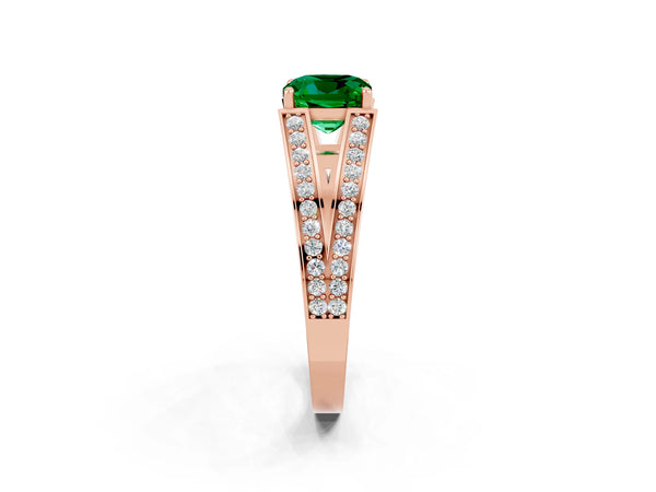 Rose gold Cushion Cut Emerald Split Shank Ring with Pavé Band and Four-Prong Setting