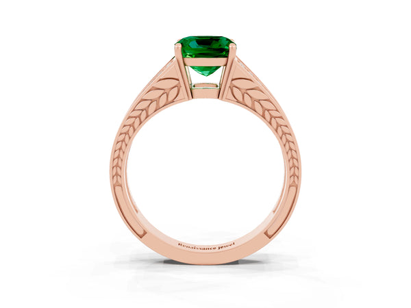 Rose gold Cushion Cut Emerald Split Shank Ring with Pavé Band and Four-Prong Setting