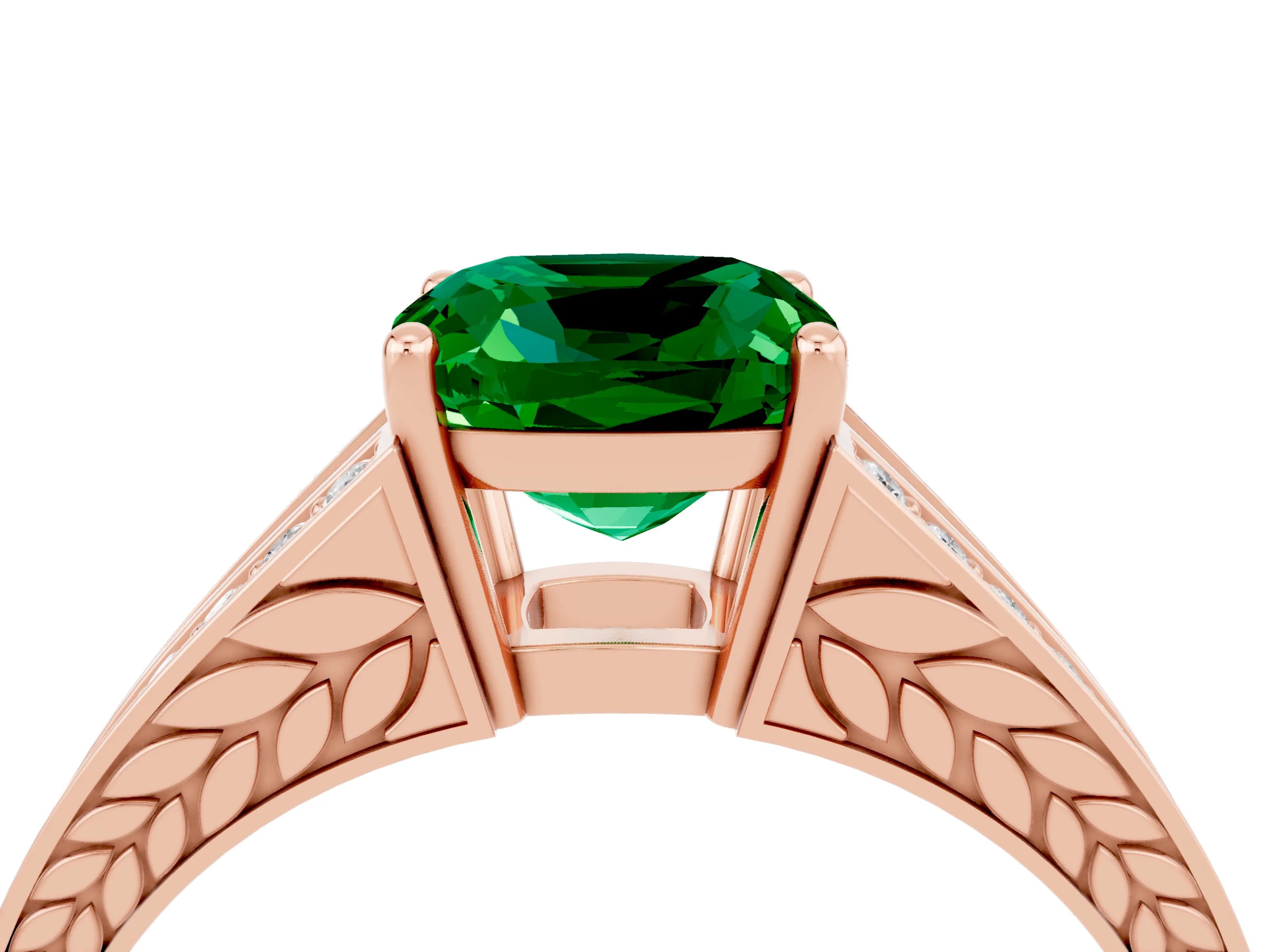 Rose gold Cushion Cut Emerald Split Shank Ring with Pavé Band and Four-Prong Setting_4