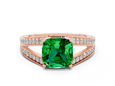 Rose gold Cushion Cut Emerald Split Shank Ring with Pavé Band and Four-Prong Setting