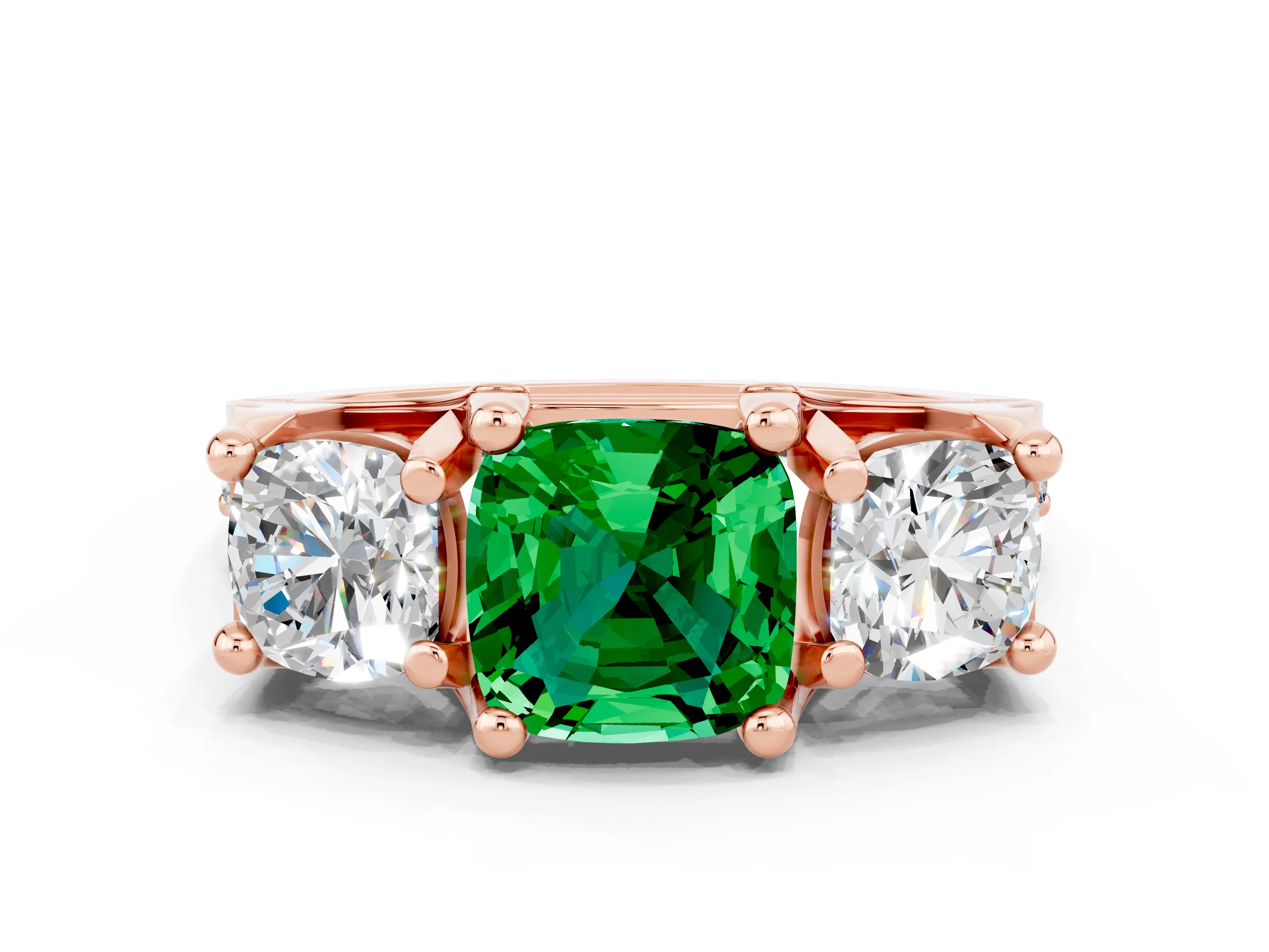 Rose gold Cushion Cut Emerald Three-Stone Ring with Channel Set Band and Four-Prong Setting