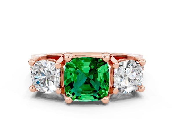 Rose gold Cushion Cut Emerald Three-Stone Ring with Channel Set Band and Four-Prong Setting