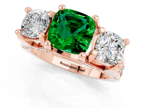 Rose gold Cushion Cut Emerald Three-Stone Ring with Channel Set Band and Four-Prong Setting_1