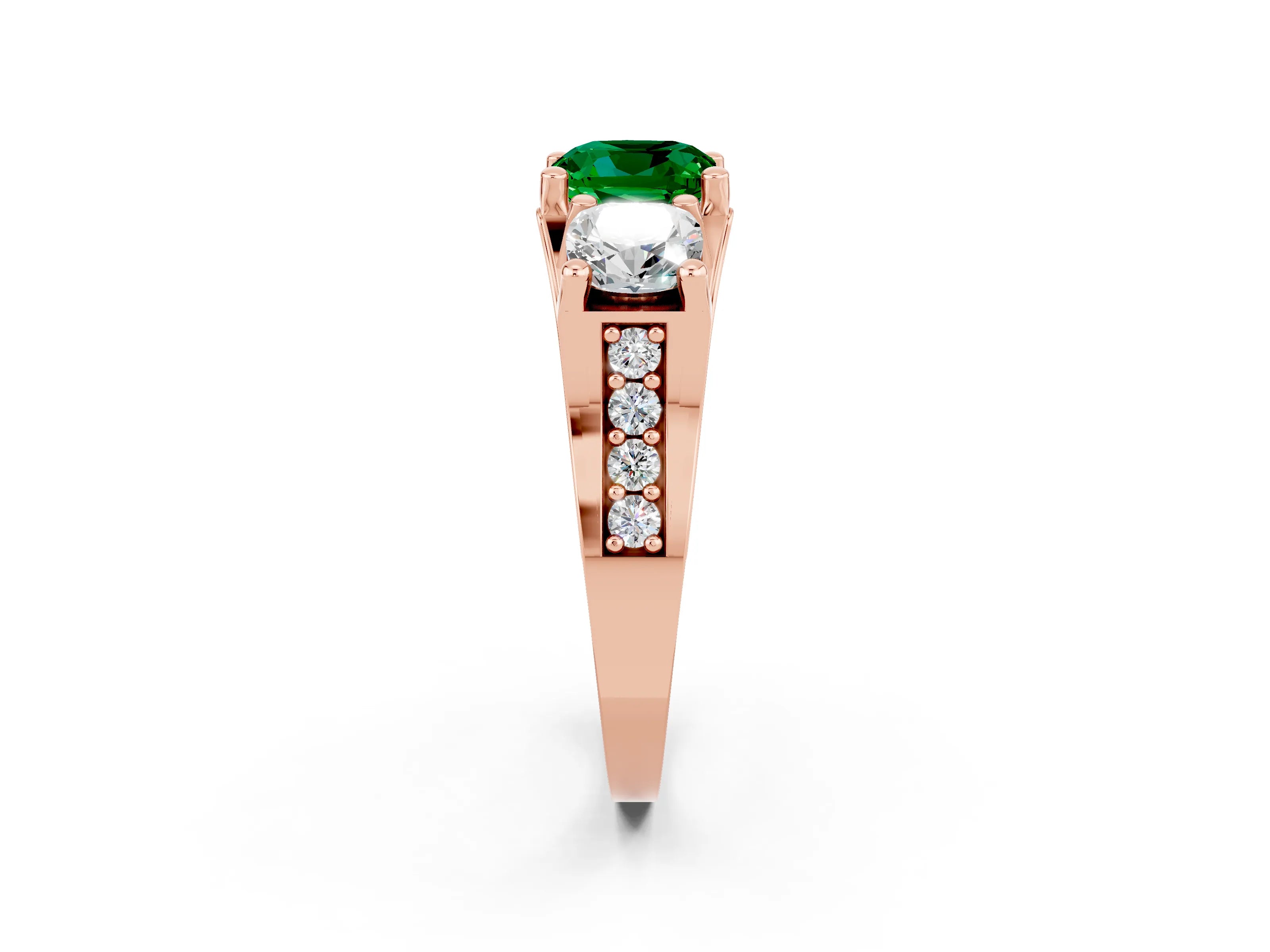 Rose gold Cushion Cut Emerald Three-Stone Ring with Channel Set Band and Four-Prong Setting_2