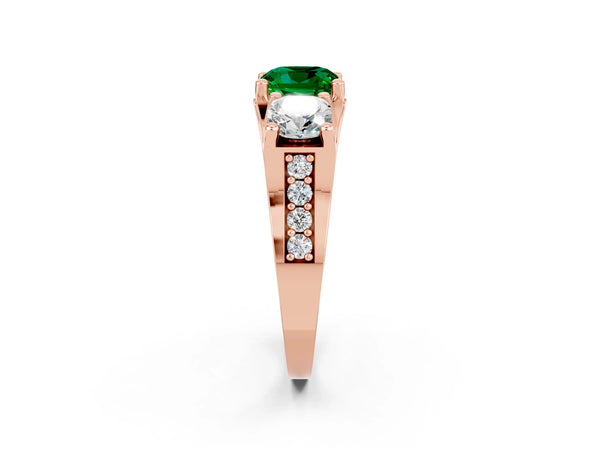 Rose gold Cushion Cut Emerald Three-Stone Ring with Channel Set Band and Four-Prong Setting