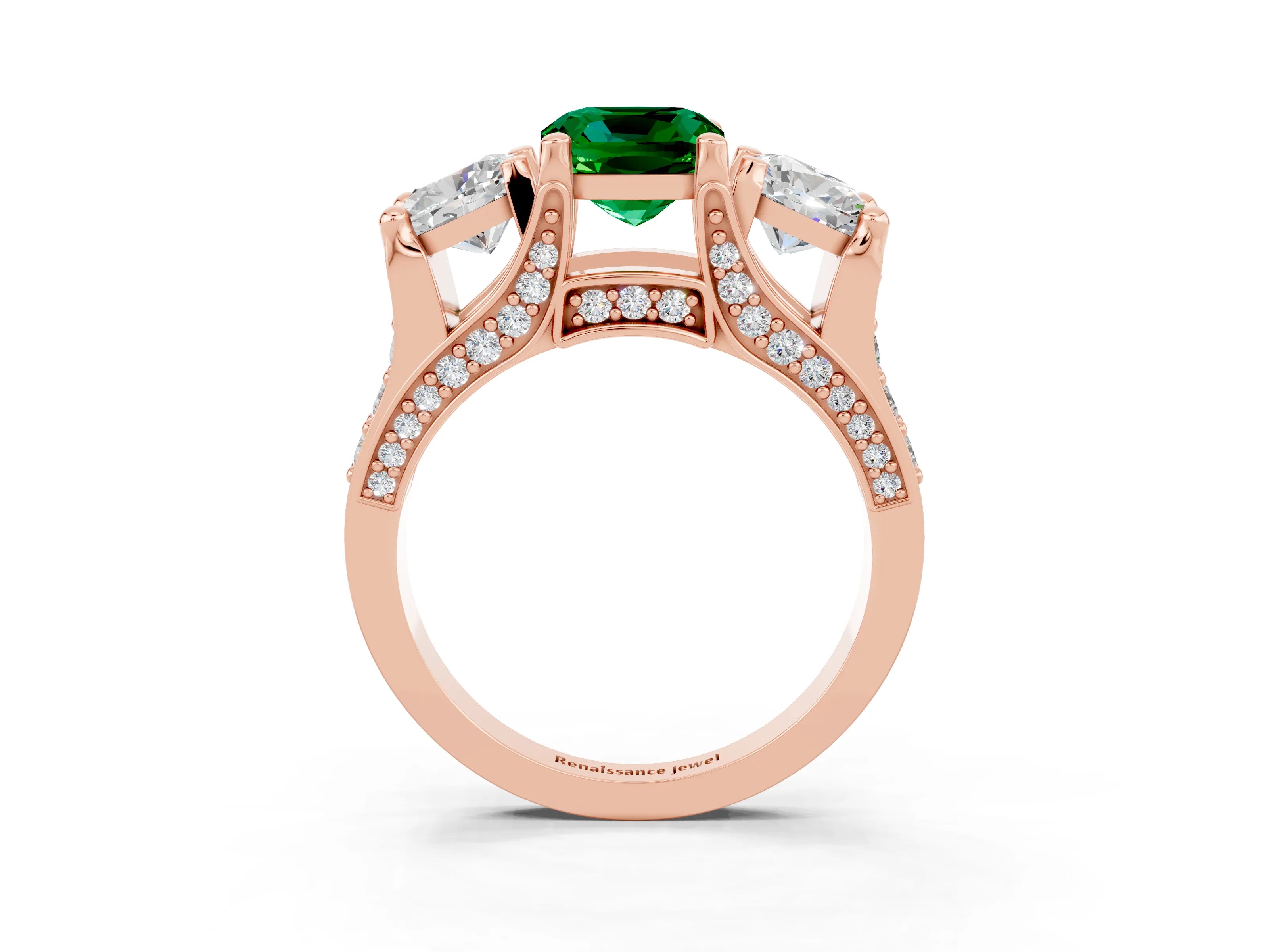 Rose gold Cushion Cut Emerald Three-Stone Ring with Channel Set Band and Four-Prong Setting_3