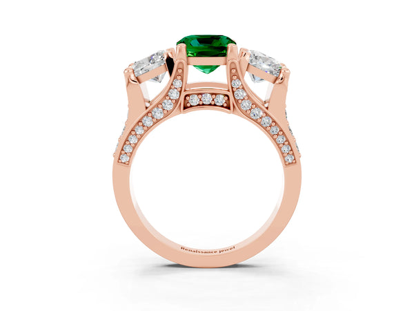 Rose gold Cushion Cut Emerald Three-Stone Ring with Channel Set Band and Four-Prong Setting
