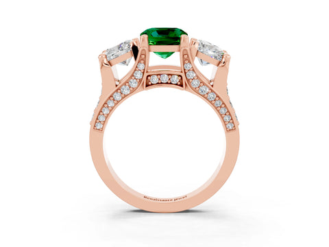 Rose gold Cushion Cut Emerald Three-Stone Ring with Channel Set Band and Four-Prong Setting_3