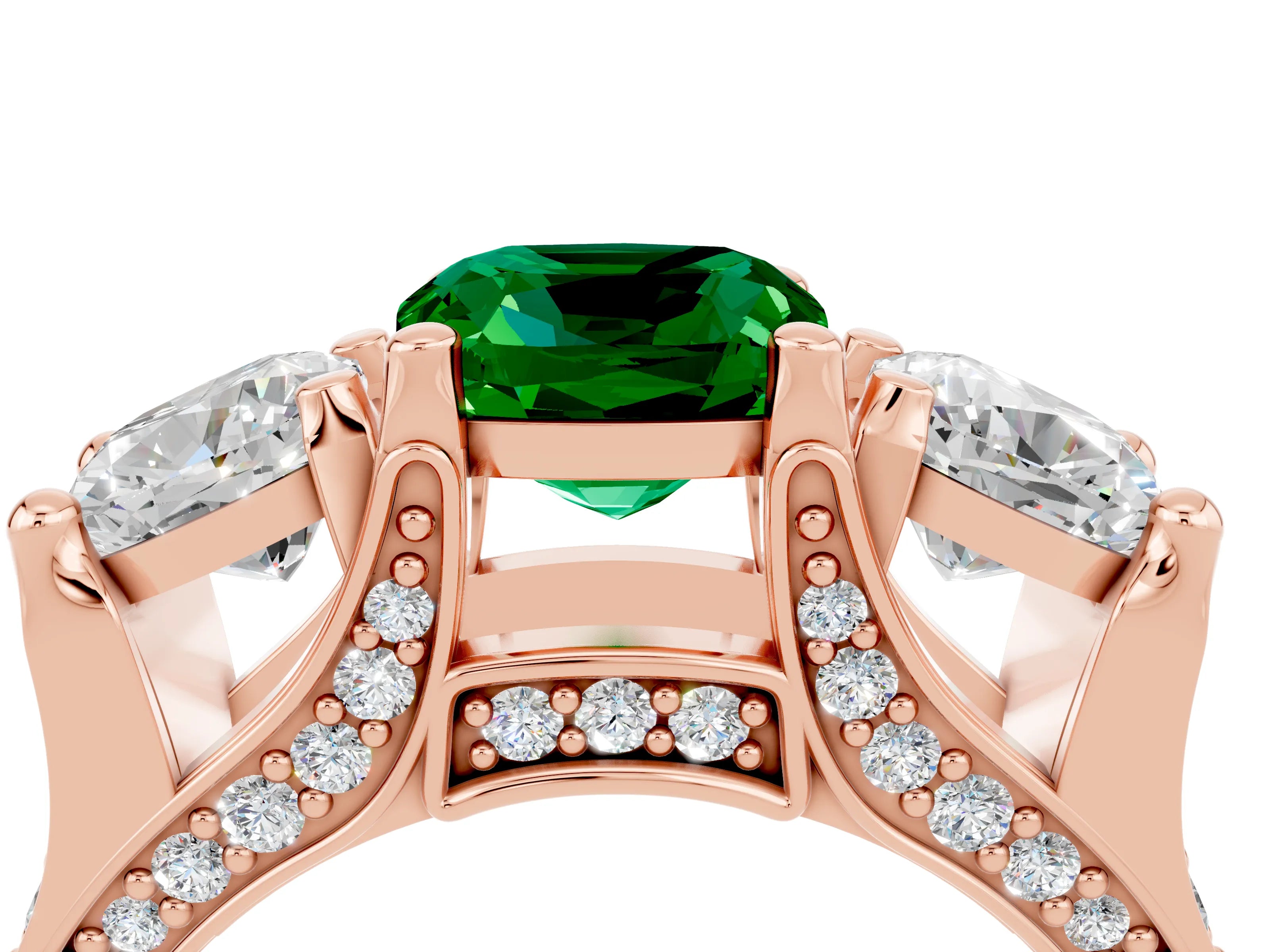 Rose gold Cushion Cut Emerald Three-Stone Ring with Channel Set Band and Four-Prong Setting_4