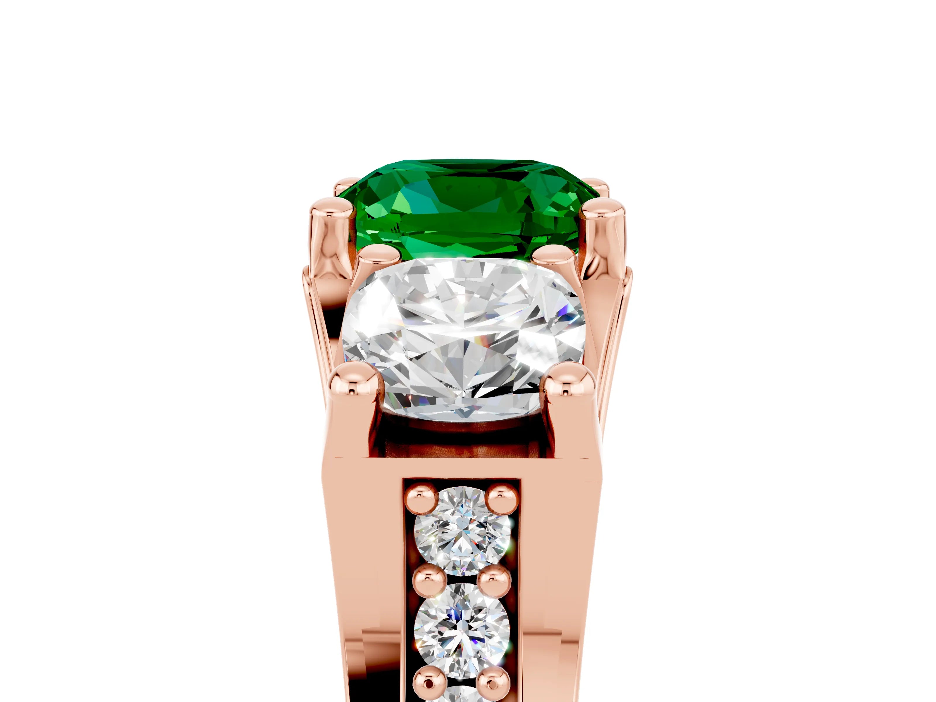 Rose gold Cushion Cut Emerald Three-Stone Ring with Channel Set Band and Four-Prong Setting_5