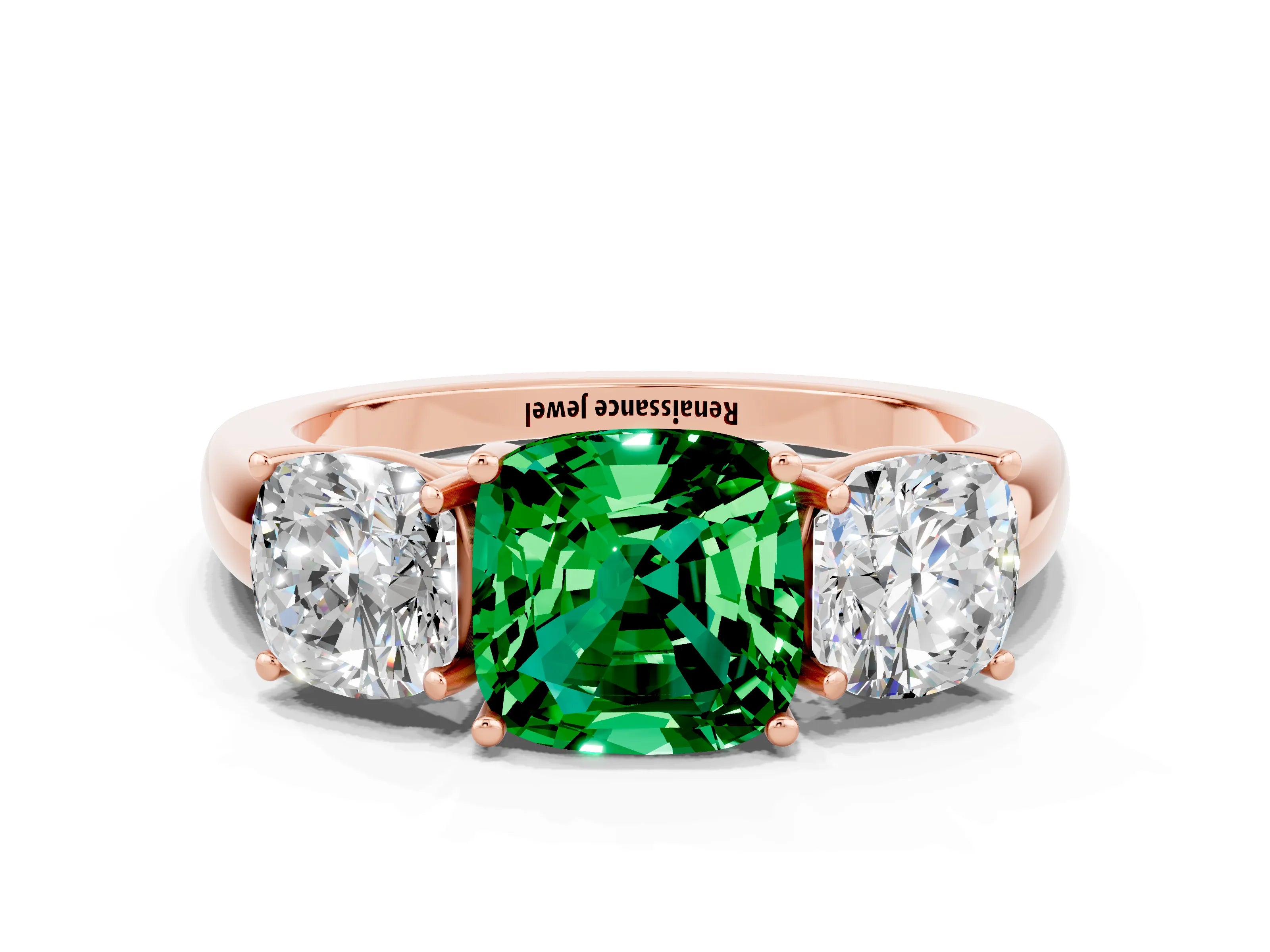 Rose gold Cushion Cut Emerald Three-Stone Ring with Four-Prong Setting and Classic Band