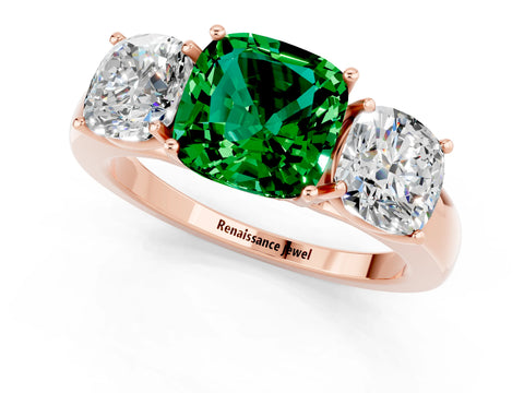 Rose gold Cushion Cut Emerald Three-Stone Ring with Four-Prong Setting and Classic Band_1