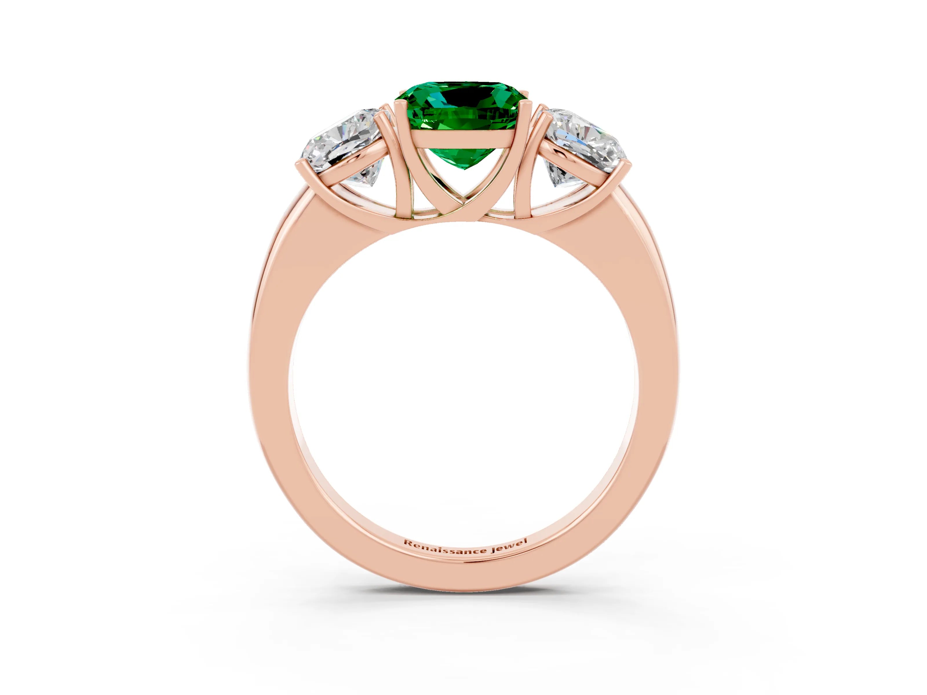 Rose gold Cushion Cut Emerald Three-Stone Ring with Four-Prong Setting and Classic Band_3