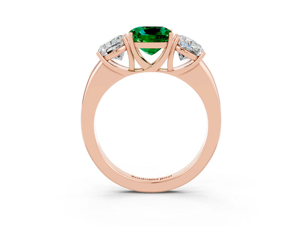 Rose gold Cushion Cut Emerald Three-Stone Ring with Four-Prong Setting and Classic Band