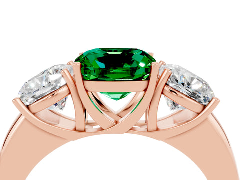 Rose gold Cushion Cut Emerald Three-Stone Ring with Four-Prong Setting and Classic Band_4
