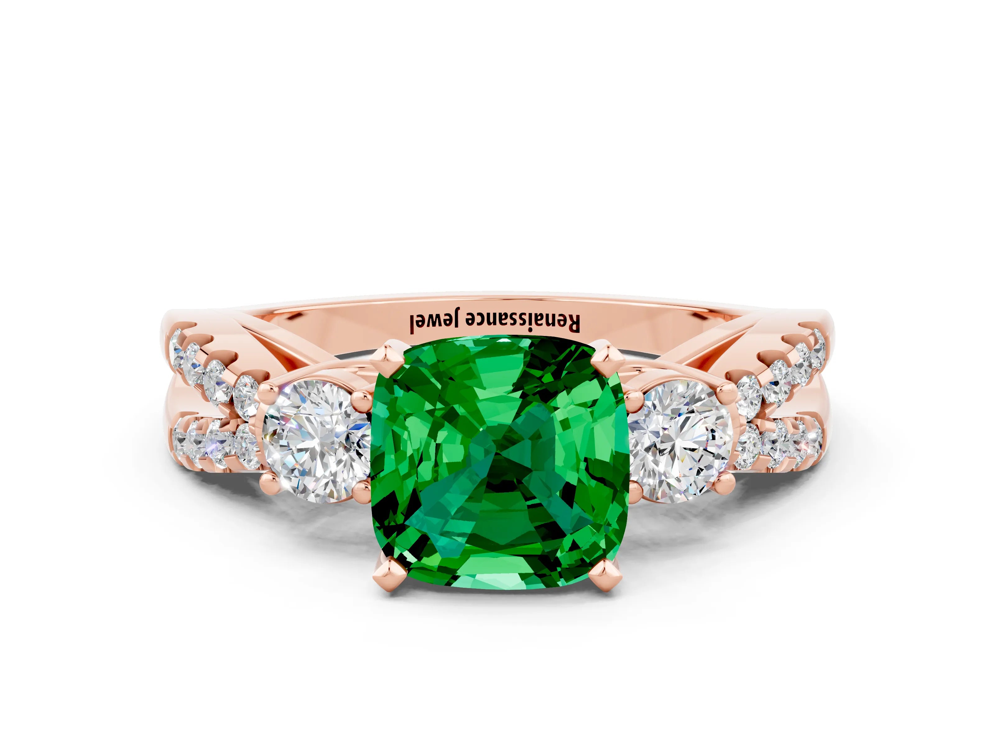 Rose gold Cushion Cut Emerald Three-Stone Ring with Pavé Split Shank and Four-Prong Setting_12