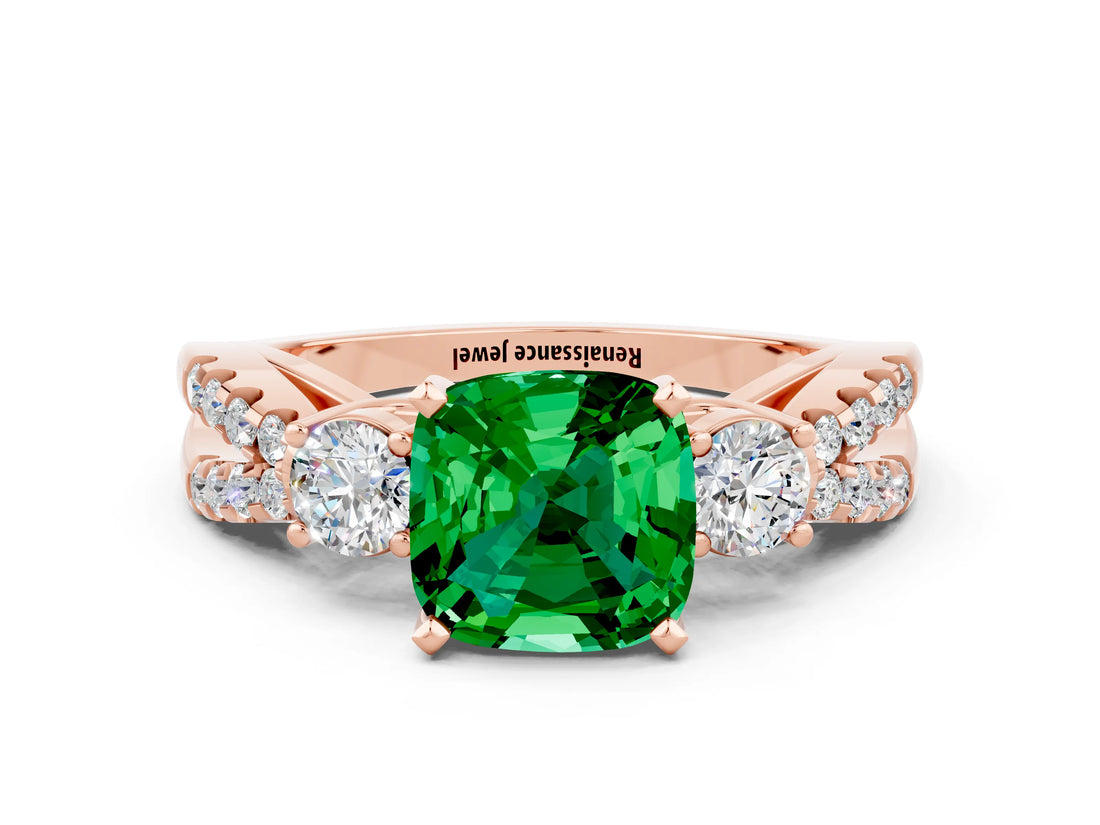 Rose gold Cushion Cut Emerald Three-Stone Ring with Pavé Split Shank and Four-Prong Setting_12