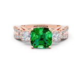 Rose gold Cushion Cut Emerald Three-Stone Ring with Pavé Split Shank and Four-Prong Setting_12