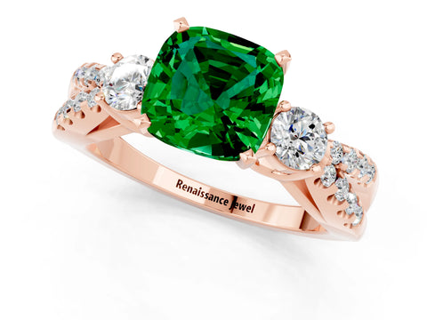 Rose gold Cushion Cut Emerald Three-Stone Ring with Pavé Split Shank and Four-Prong Setting_13