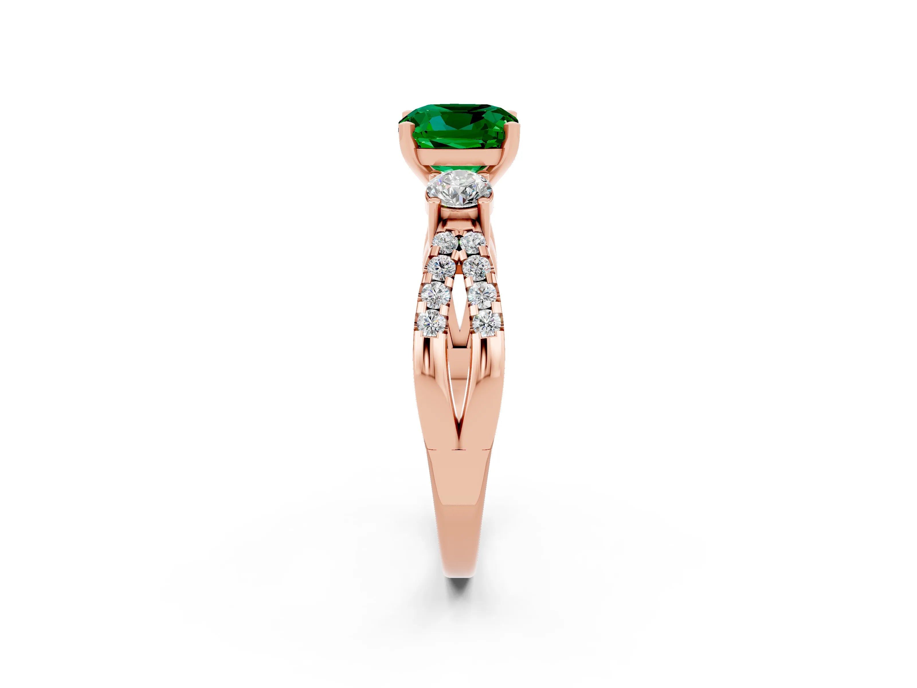 Rose gold Cushion Cut Emerald Three-Stone Ring with Pavé Split Shank and Four-Prong Setting_14