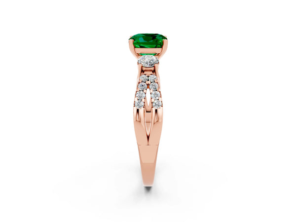 Rose gold Cushion Cut Emerald Three-Stone Ring with Pavé Split Shank and Four-Prong Setting