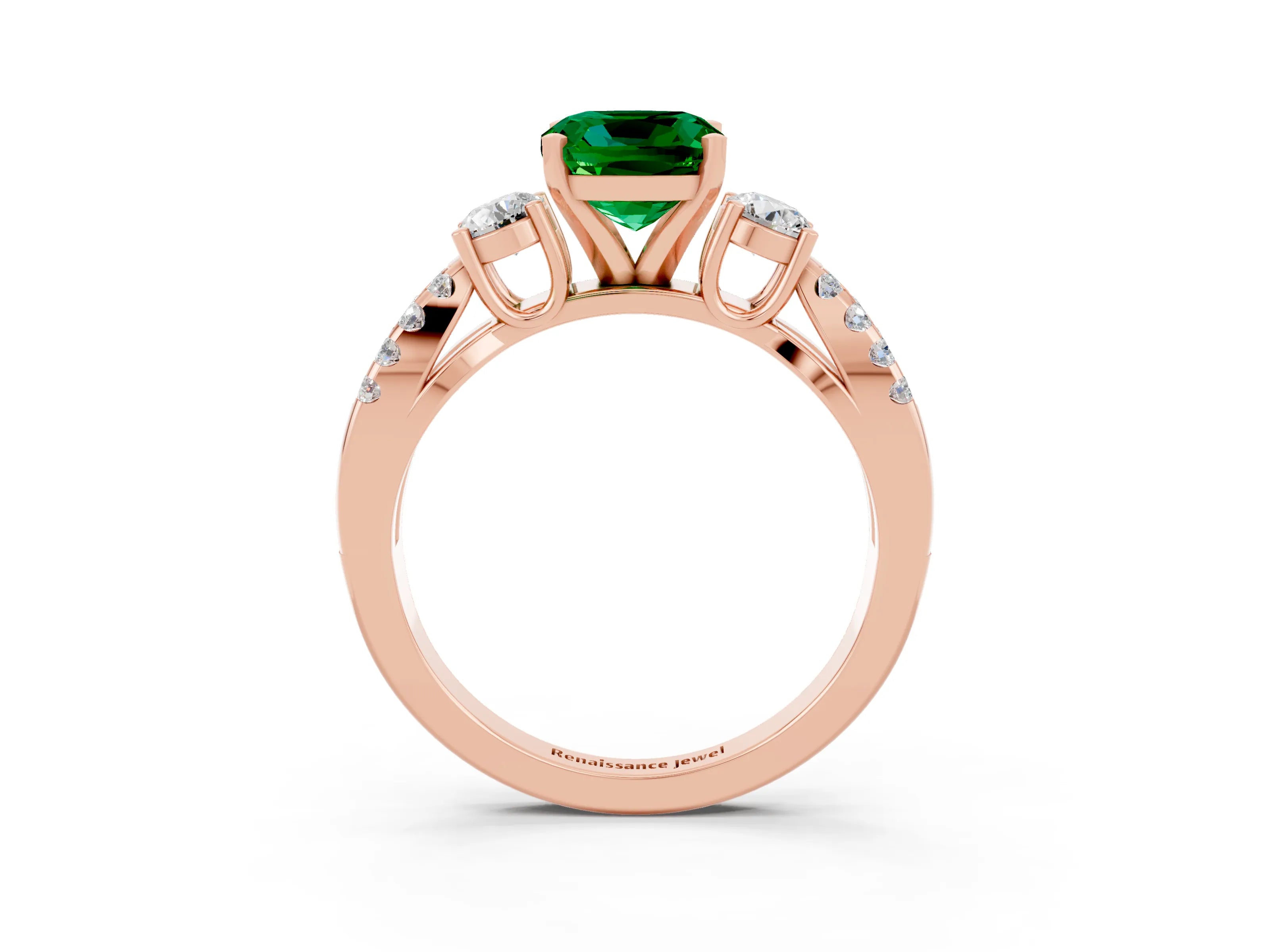 Rose gold Cushion Cut Emerald Three-Stone Ring with Pavé Split Shank and Four-Prong Setting_15