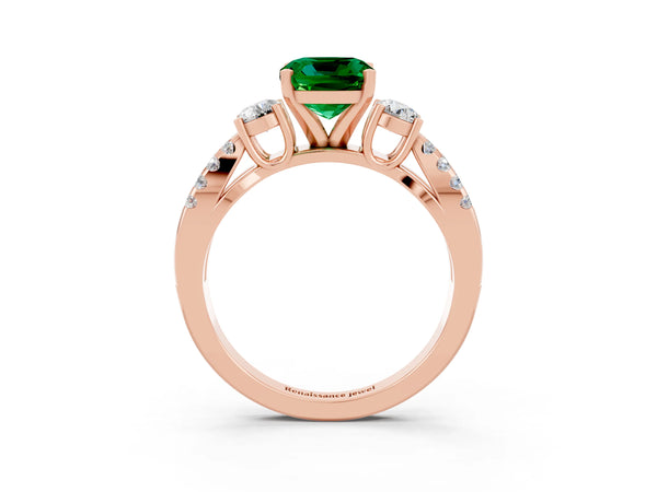 Rose gold Cushion Cut Emerald Three-Stone Ring with Pavé Split Shank and Four-Prong Setting