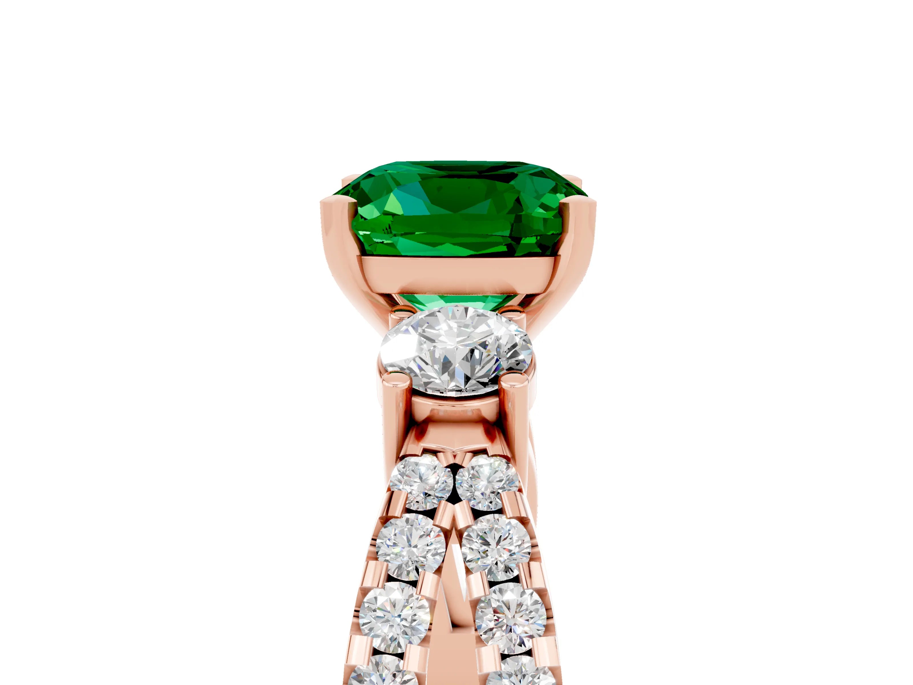 Rose gold Cushion Cut Emerald Three-Stone Ring with Pavé Split Shank and Four-Prong Setting_17