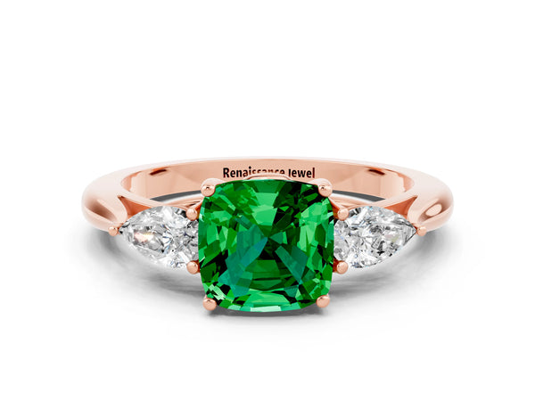 Rose gold Cushion Cut Emerald Three-Stone Ring with Pear  Side Stones and Prong Setting