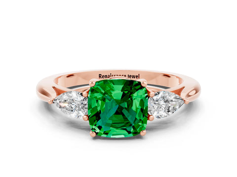 Rose gold Cushion Cut Emerald Three-Stone Ring with Pear Side Stones and Four-Prong Setting_12