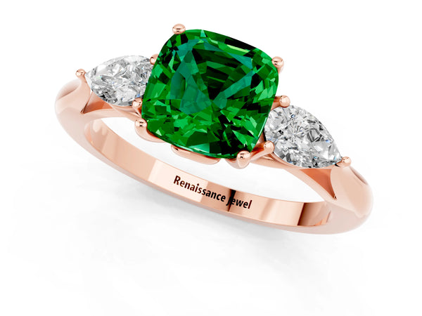 Rose gold Cushion Cut Emerald Three-Stone Ring with Pear  Side Stones and Prong Setting