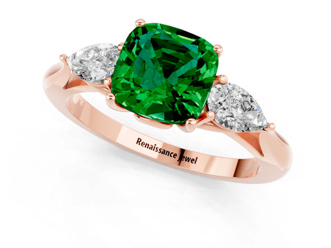 Rose gold Cushion Cut Emerald Three-Stone Ring with Pear Side Stones and Four-Prong Setting_13