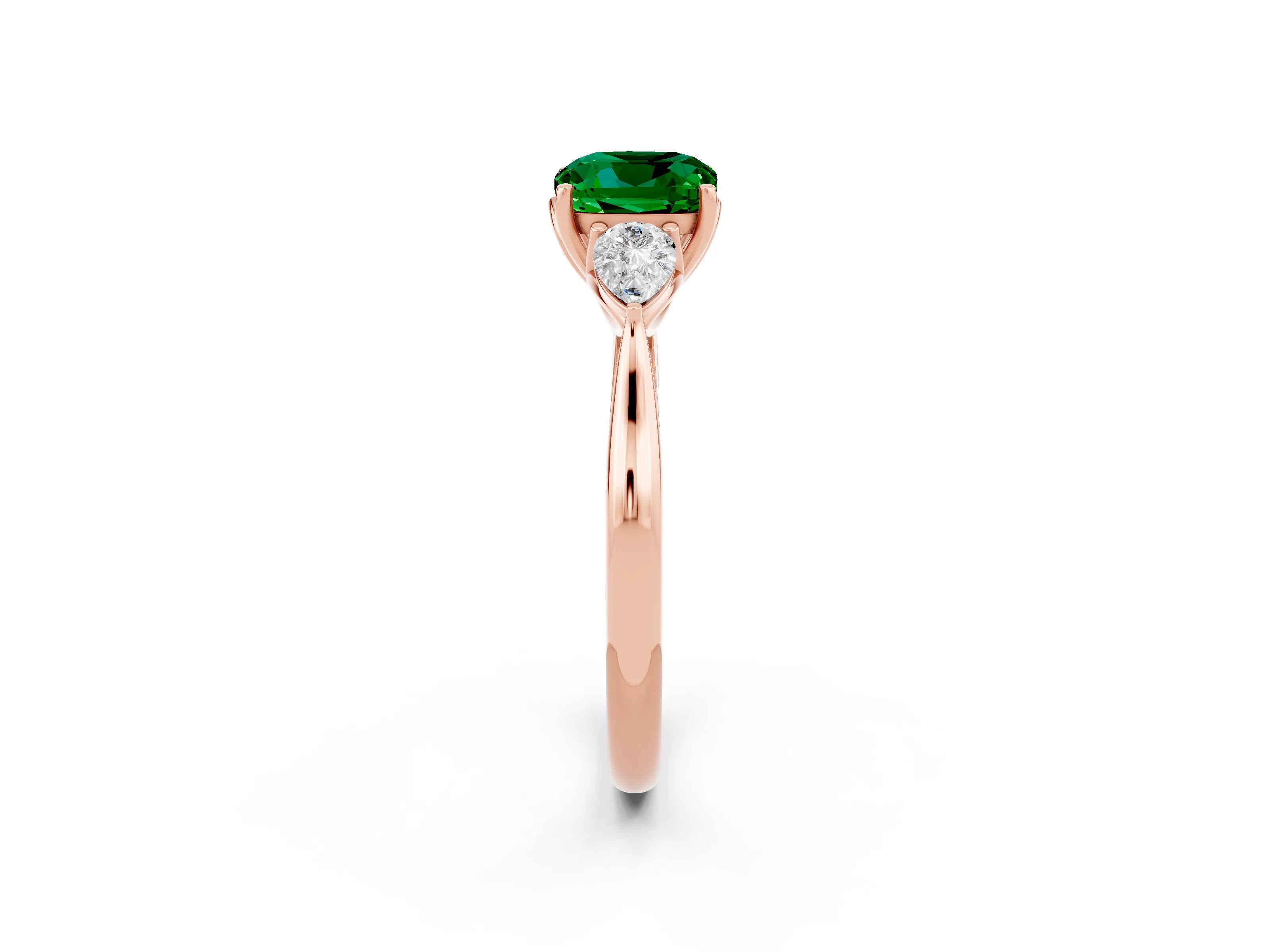 Rose gold Cushion Cut Emerald Three-Stone Ring with Pear Side Stones and Four-Prong Setting_14