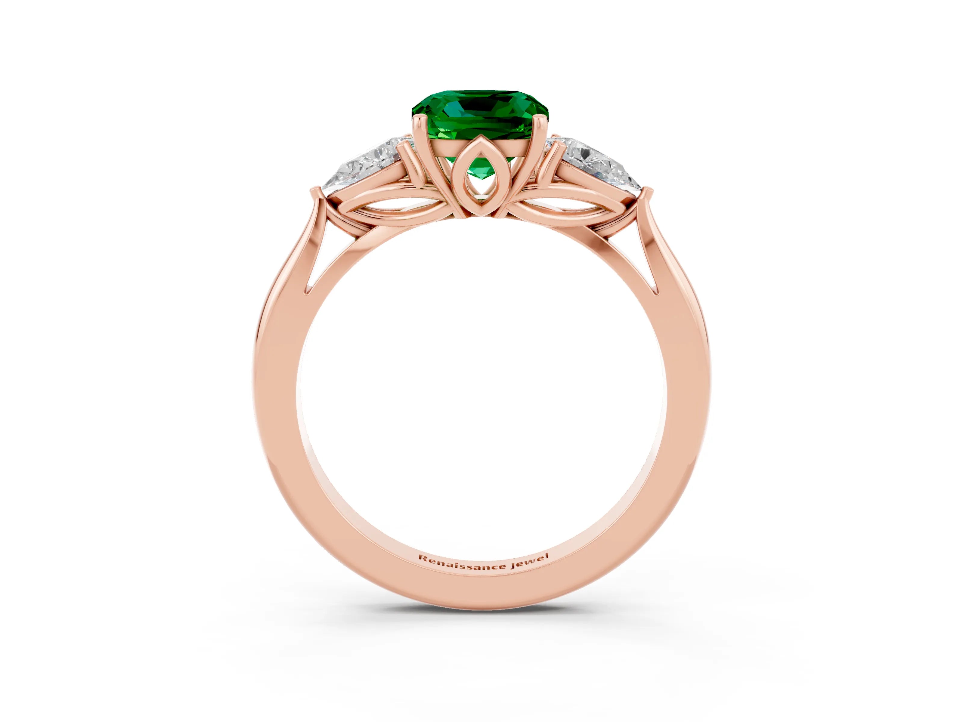 Rose gold Cushion Cut Emerald Three-Stone Ring with Pear Side Stones and Four-Prong Setting_15
