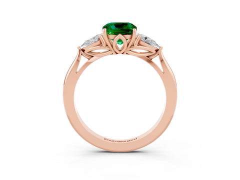 Rose gold Cushion Cut Emerald Three-Stone Ring with Pear Side Stones and Four-Prong Setting_15