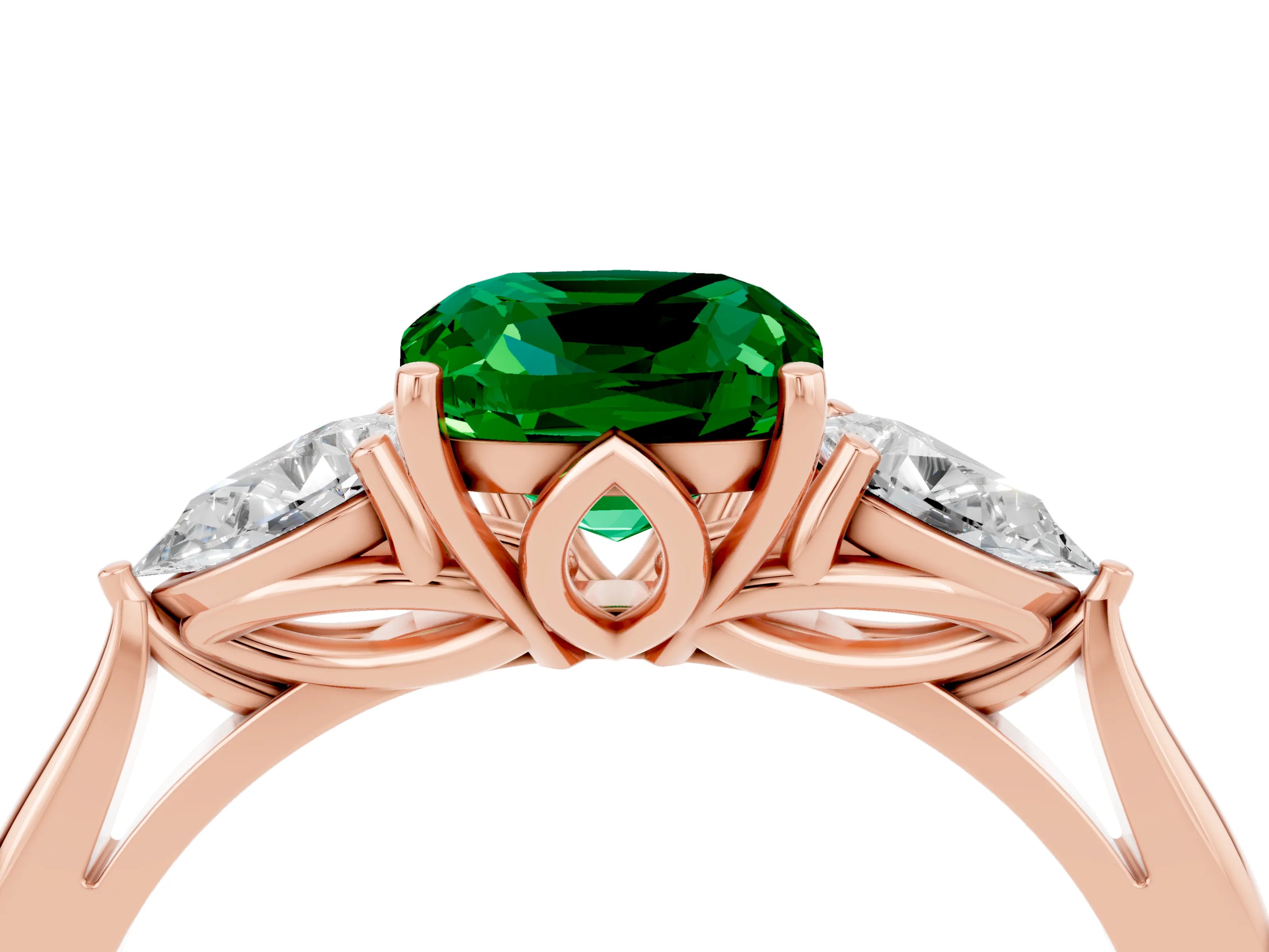 Rose gold Cushion Cut Emerald Three-Stone Ring with Pear Side Stones and Four-Prong Setting_16