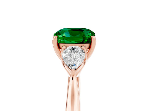 Rose gold Cushion Cut Emerald Three-Stone Ring with Pear Side Stones and Four-Prong Setting_17