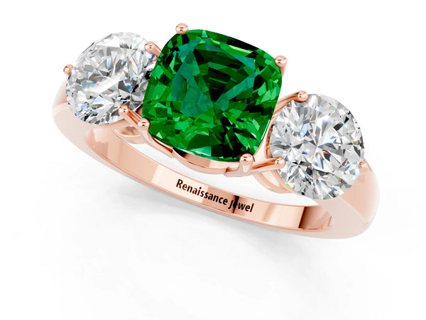Rose gold Cushion Cut Emerald Three-Stone Ring with Prong Setting and Classic Band