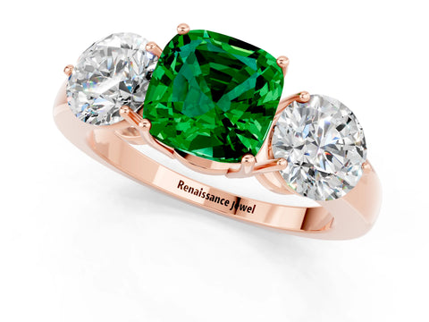 Rose gold Cushion Cut Emerald Three-Stone Ring with Prong Setting and Classic Band_1