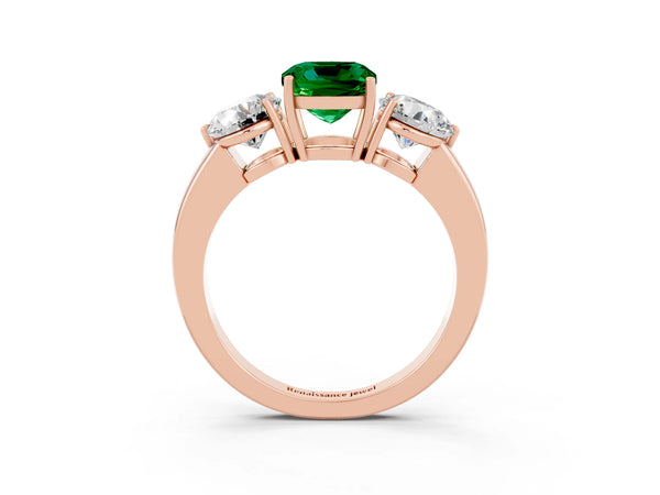 Rose gold Cushion Cut Emerald Three-Stone Ring with Prong Setting and Classic Band