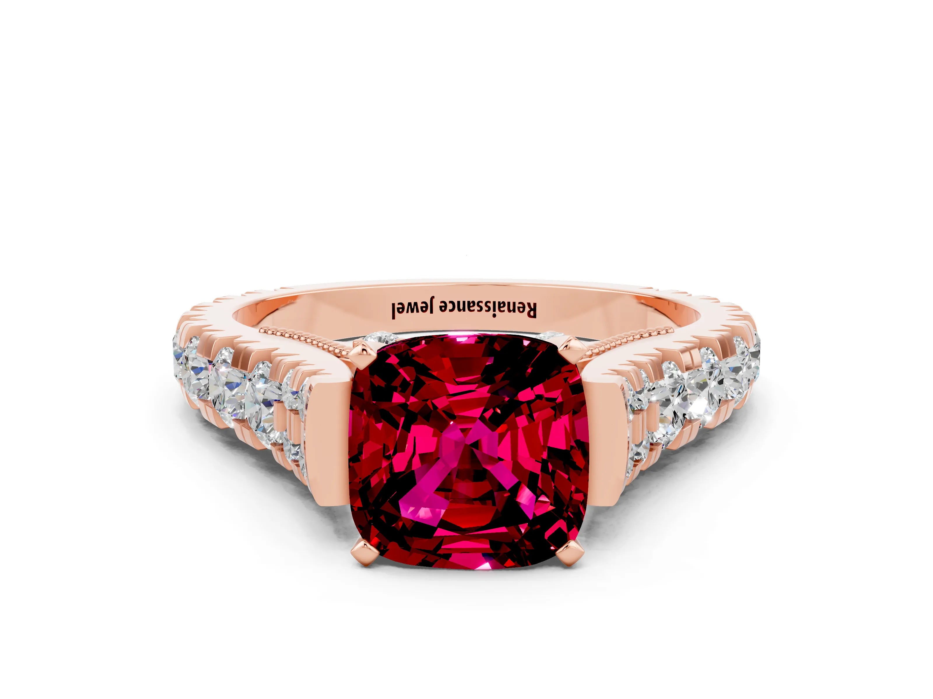 Rose gold Cushion Cut Garnet Classic Solitaire Ring with Pavé Band and Four-Prong Setting