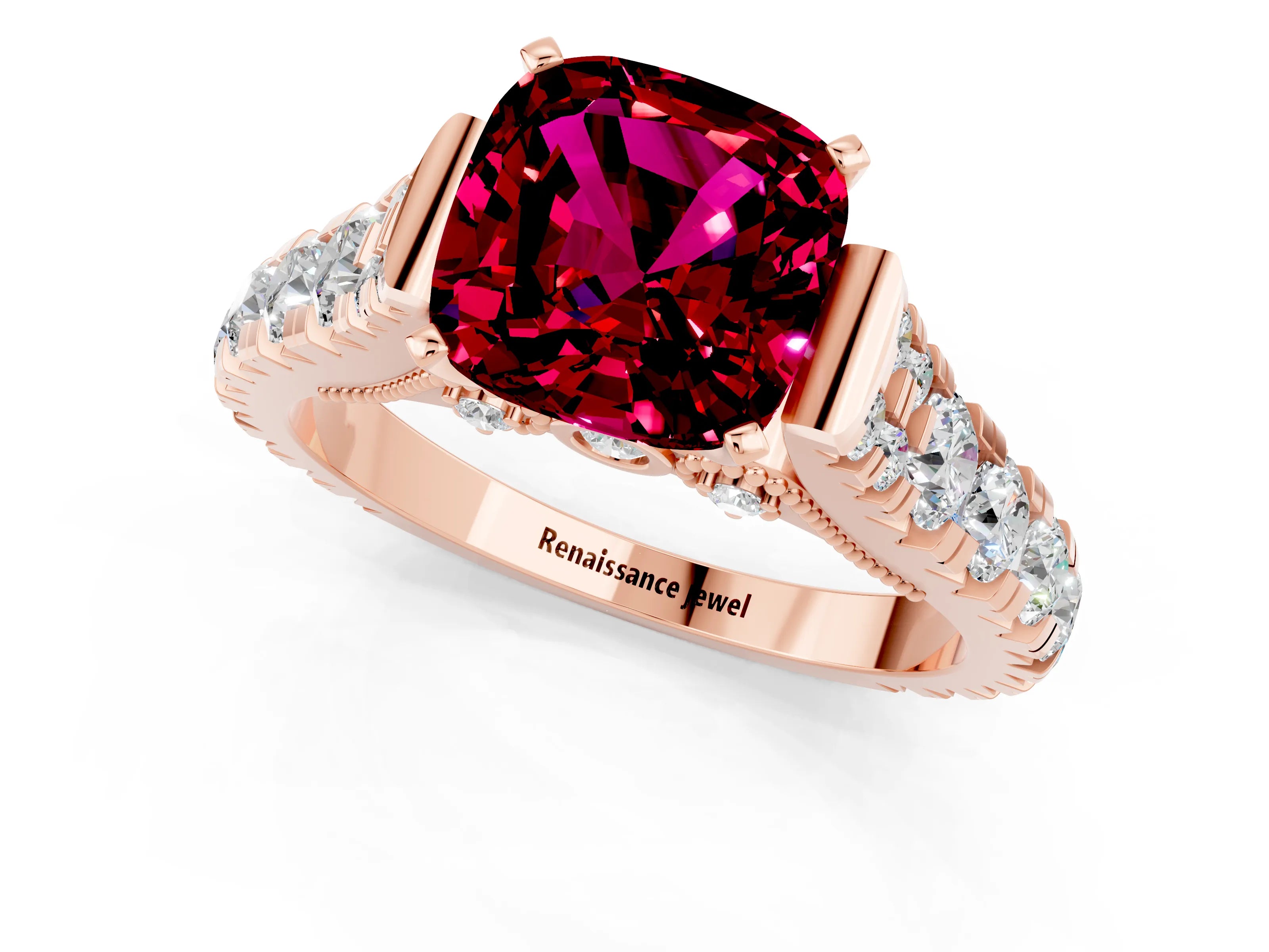 Rose gold Cushion Cut Garnet Classic Solitaire Ring with Pavé Band and Four-Prong Setting_1