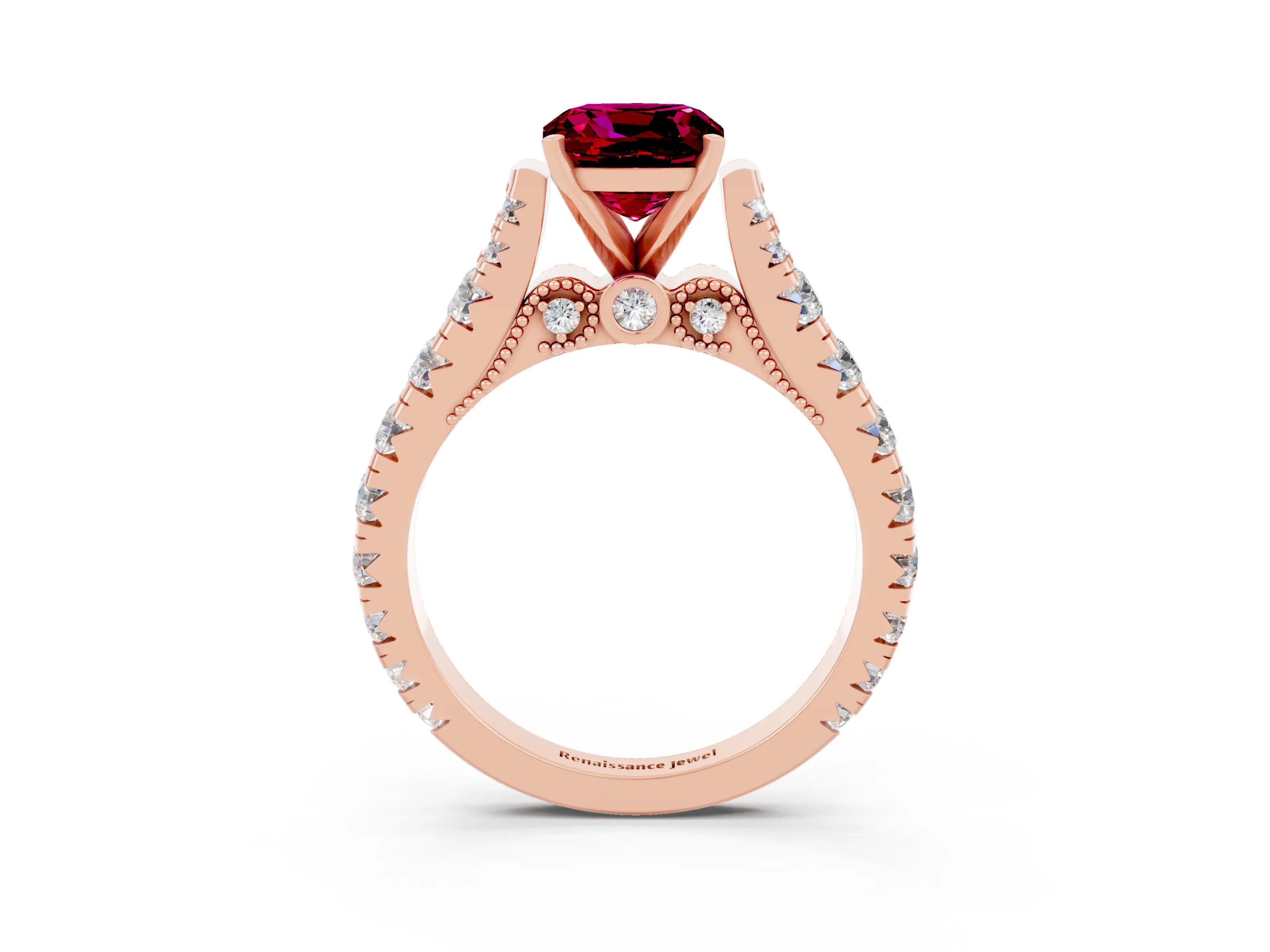 Rose gold Cushion Cut Garnet Classic Solitaire Ring with Pavé Band and Four-Prong Setting_3