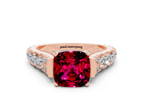 Rose gold Cushion Cut Garnet Classic Solitaire Ring with Pavé Band and Four-Prong Setting