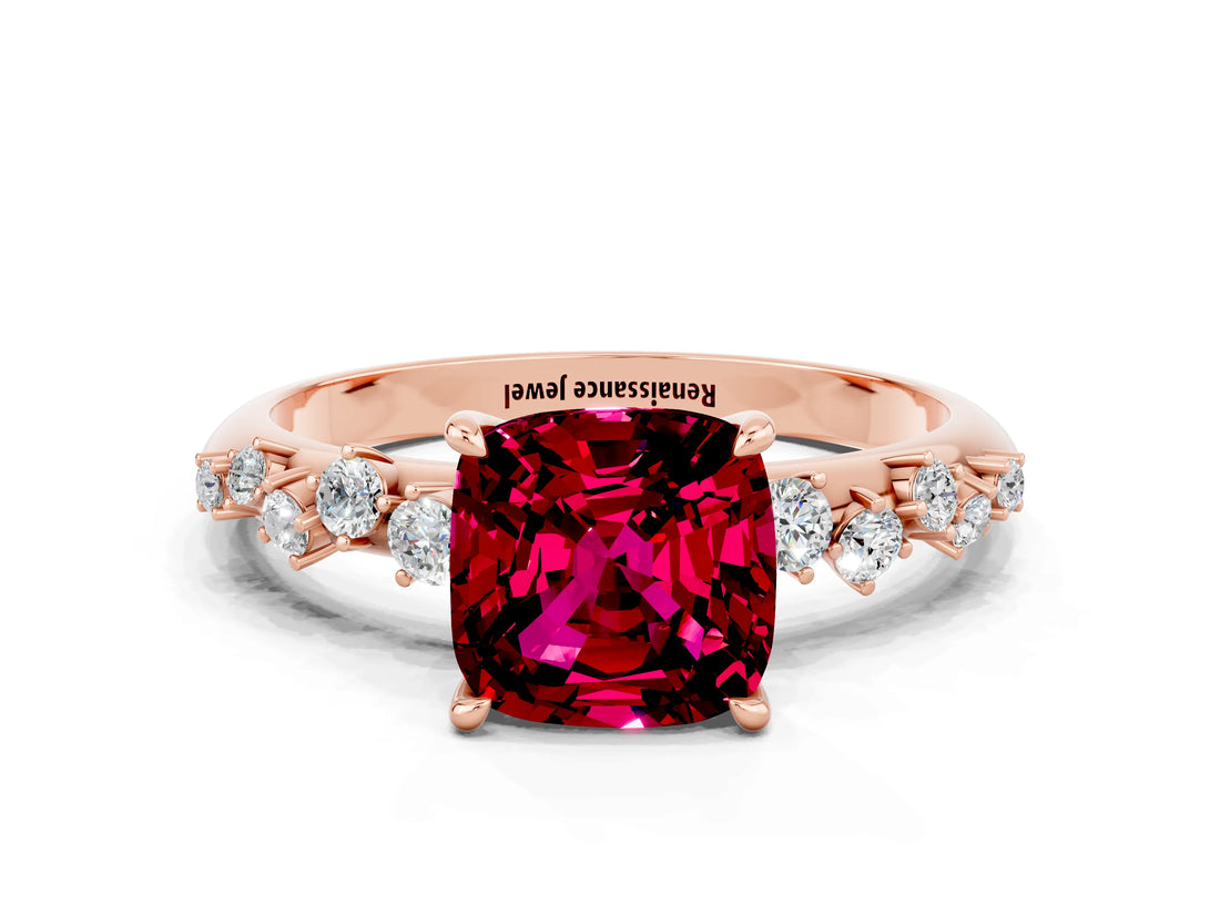 Rose gold Cushion Cut Garnet Cluster Side Stone Solitaire Ring with Prong Setting_24